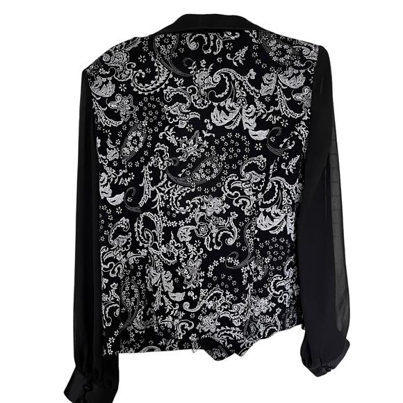 Alex Evenings Black Paisley Print Satin Shawl Collar Chiffon Long Sleeve Jacket - Picture 2 of 10